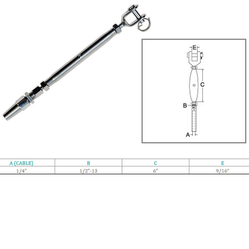 Stainless Steel T316 1/4" Cable Jaw Swageless Turnbuckle 1/2" Pipe Turnbuckle