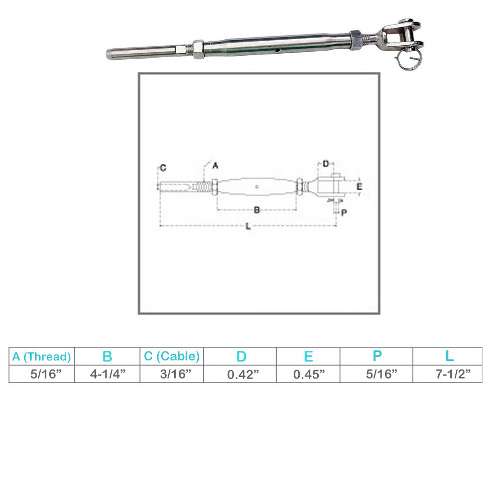 Stainless Steel T316 3/16" Cable Jaw And Swage Stud Turnbuckle 5/16" Thread