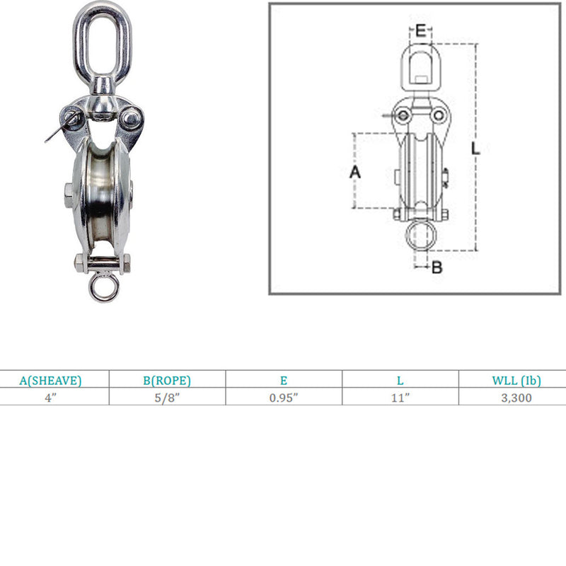HD Stainless Steel T316 4" Sheave Swivel Block Hoist Lift 3300 Lbs WLL 5/8" Rope