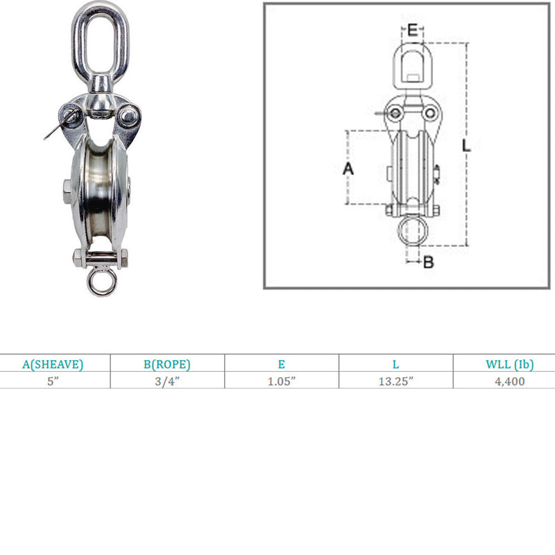 HD Stainless Steel T316 5" Sheave Swivel Block Hoist Lift 4400 Lbs WLL 3/4" Rope