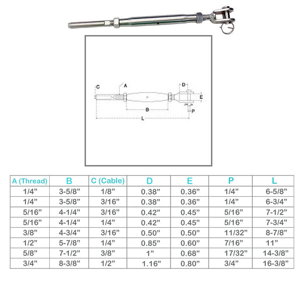 Marine Stainless Steel T316 Cable Jaw And Swage Stud Turnbuckle Thread