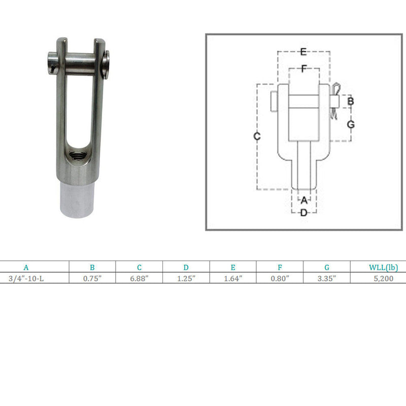 Marine Stainless Steel T316 3/4"-10 Left Handed Threaded Yoke End 5,200 Lbs WLL