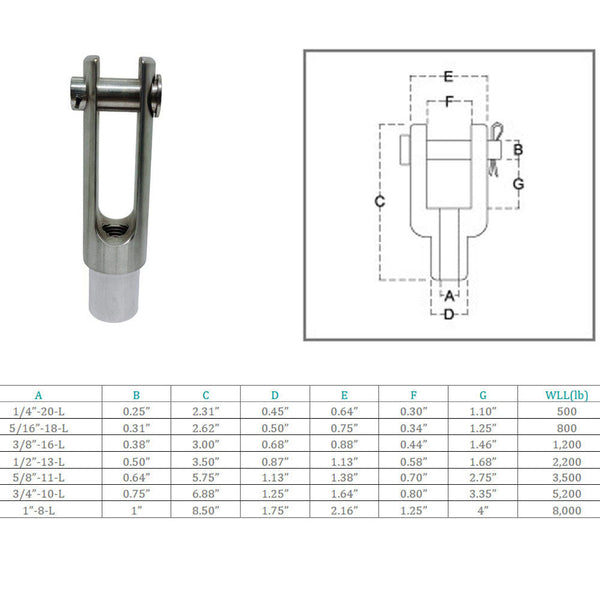 Marine Stainless Steel T316 Left Handed Threaded Yoke End