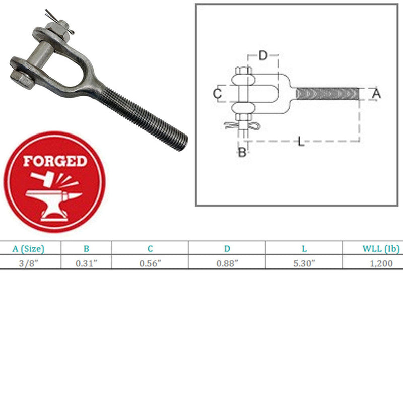 316 Stainless Steel 3/8" Drop Forged Turnbuckle Jaw RIGHT HAND Thread 1200Lb WLL