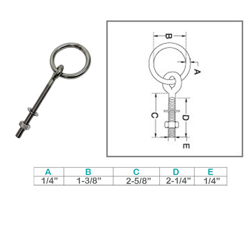 4Pc Marine Stainless Steel T304 1/4" Ring Eye Bolt 1-3/8" Diameter Bolt Shoulder