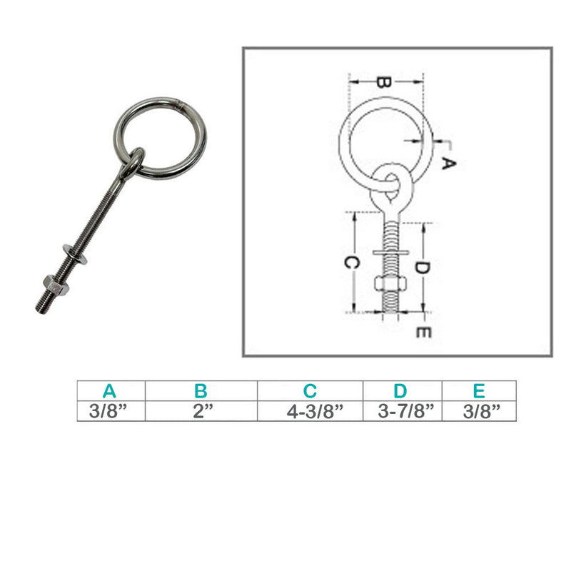 Marine Stainless Steel T304 3/8" Ring Eye Bolt 2" Ring Diameter Shoulder