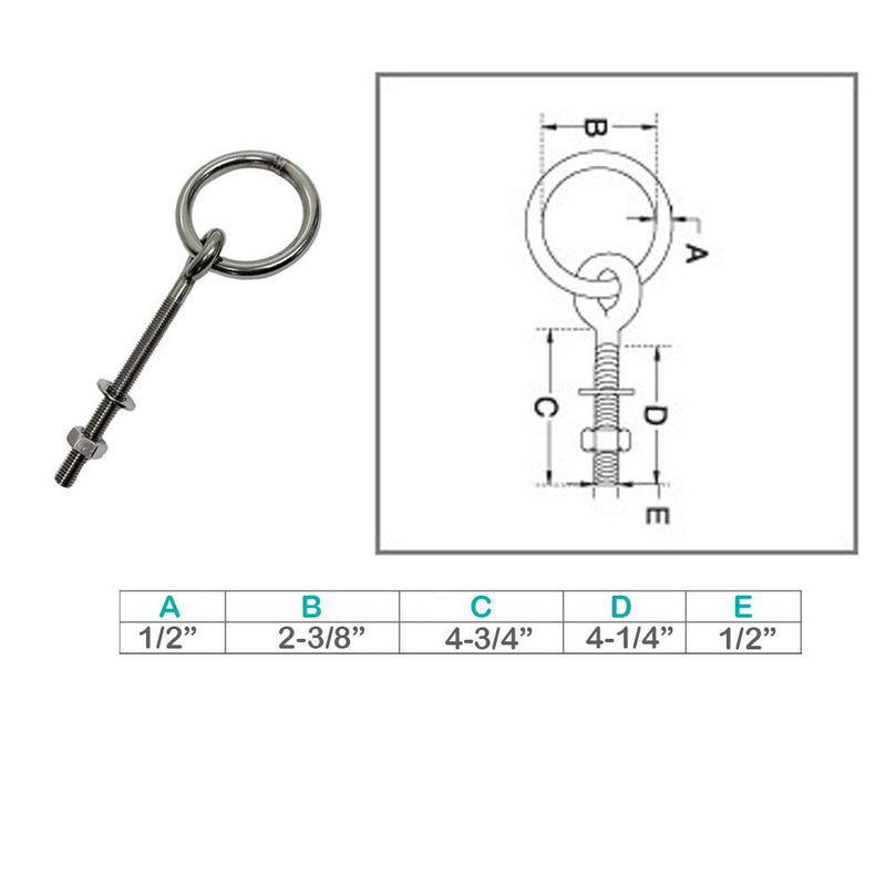 Marine Stainless Steel T304 1/2" Ring Eye Bolt 2-3/8" Ring Diameter Shoulder