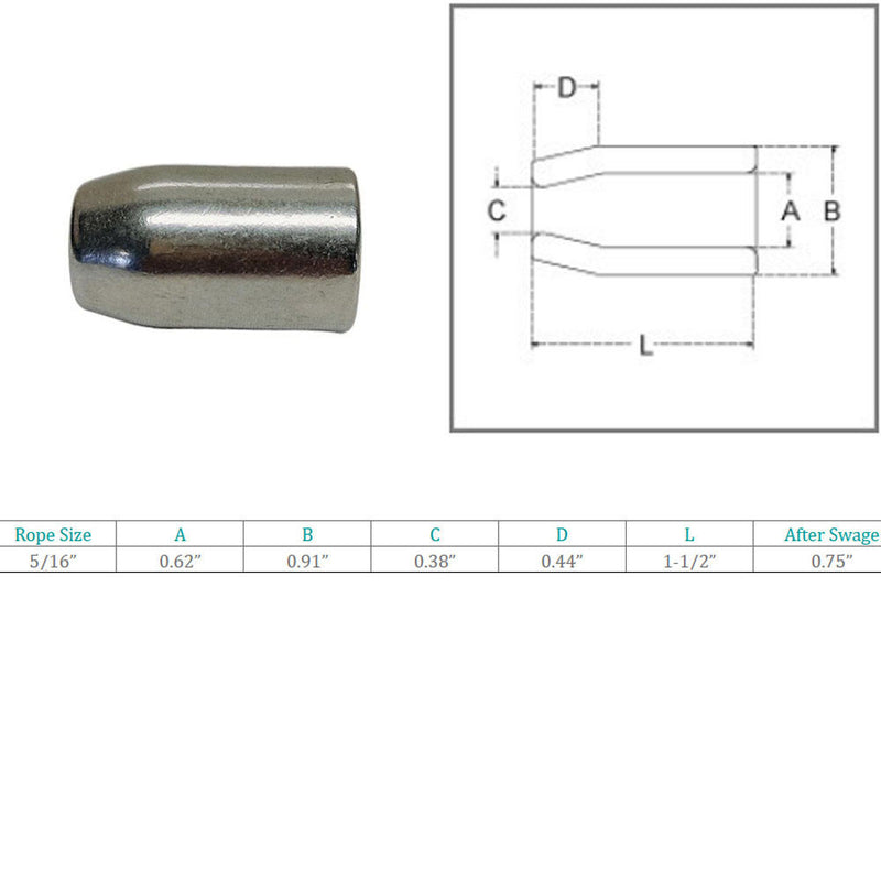 Marine Boat Stainless Steel 316 5/16" Flemish Sleeve Wire Rope Cable Swage Sleeve